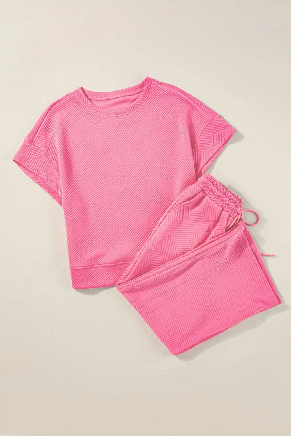 Strawberry Pink Textured Loose Fit T Shirt and Drawstring Pants Set - Love Salve